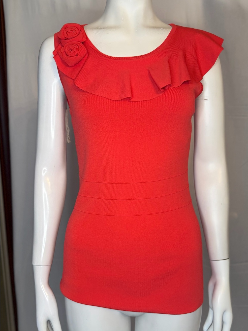 Carmen Marc Valvo One-Shoulder Red Ruffle Top with Rosette